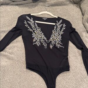 bebe Black Bodysuit with Silver and Gold Embroidery